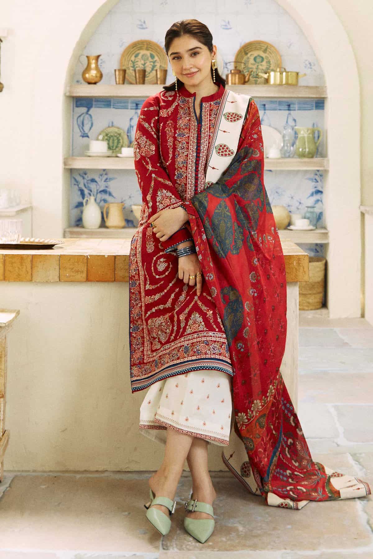 ZS Ready to Wear embroidered lawn dress with printed monar dupatta and white embroidered trousers